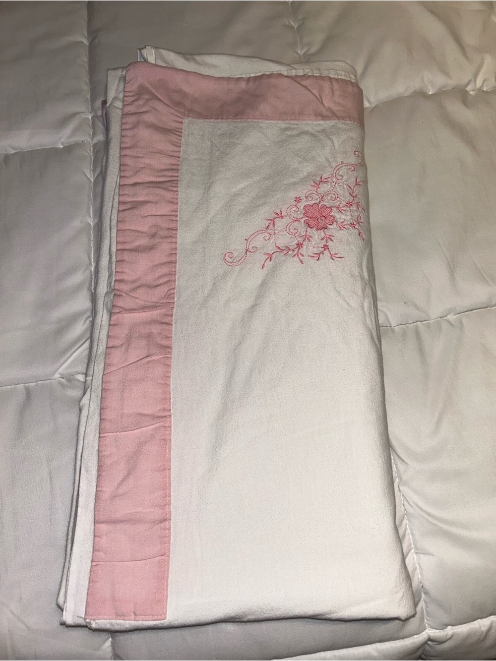 Classic White & Pink Embroidered flannel double top sheet
